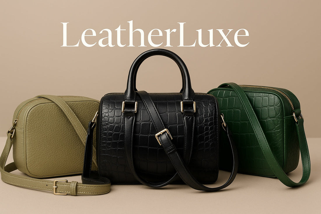 LeatherLuxe banner featuring three handbags - a black croc-embossed structured satchel with gold hardware, a sage green textured crossbody bag, and a forest green croc-pattern crossbody bag