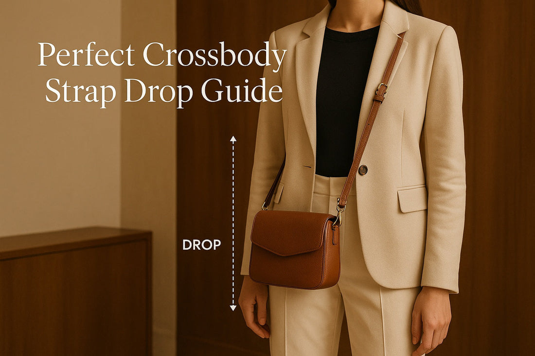 A person wearing a leather crossbody bag at the perfect strap drop length, with subtle measurement guidelines - designed for LeatherLuxe.
