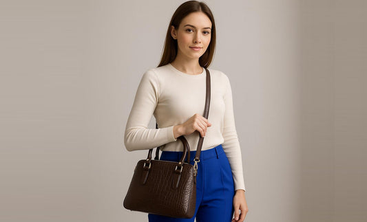 Navy top-grain leather handbag styled with blazer
