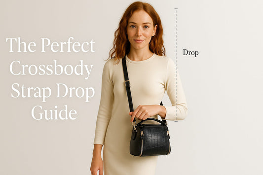 Woman wearing cream sweater with black crossbody bag featuring crocodile texture, with overlay text 'The Perfect Crossbody Strap Drop Guide' and dashed line demonstrating drop measurement from shoulder to bag