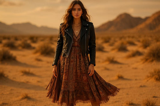 Moto-boho style flat-lay banner: leather moto jacket, fringe bag, boots, lace skirt, accessories and earth-tone swatches arranged in editorial layout