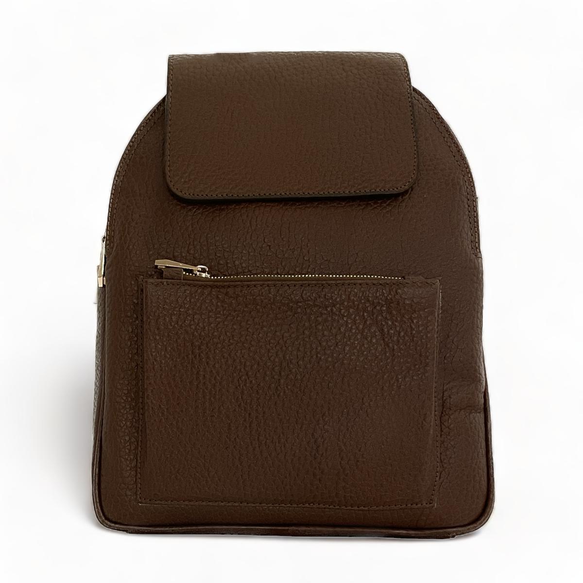Brown leather backpack — close-up of stitching and premium texture