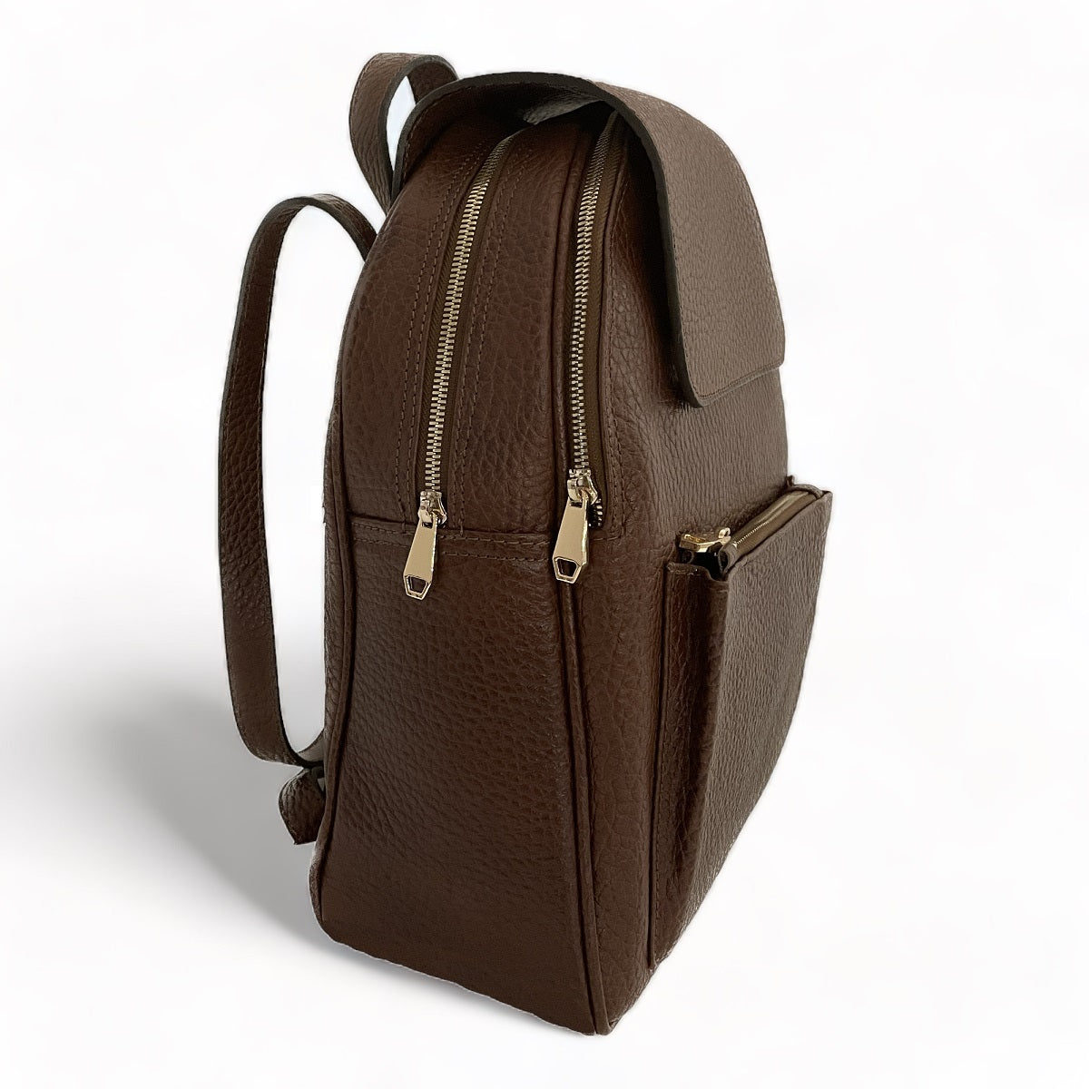 Brown genuine leather women’s backpack — clean front view