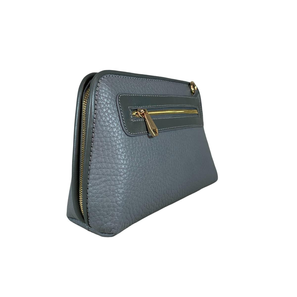 Gray leather shoulder bag showing adjustable strap and compartments