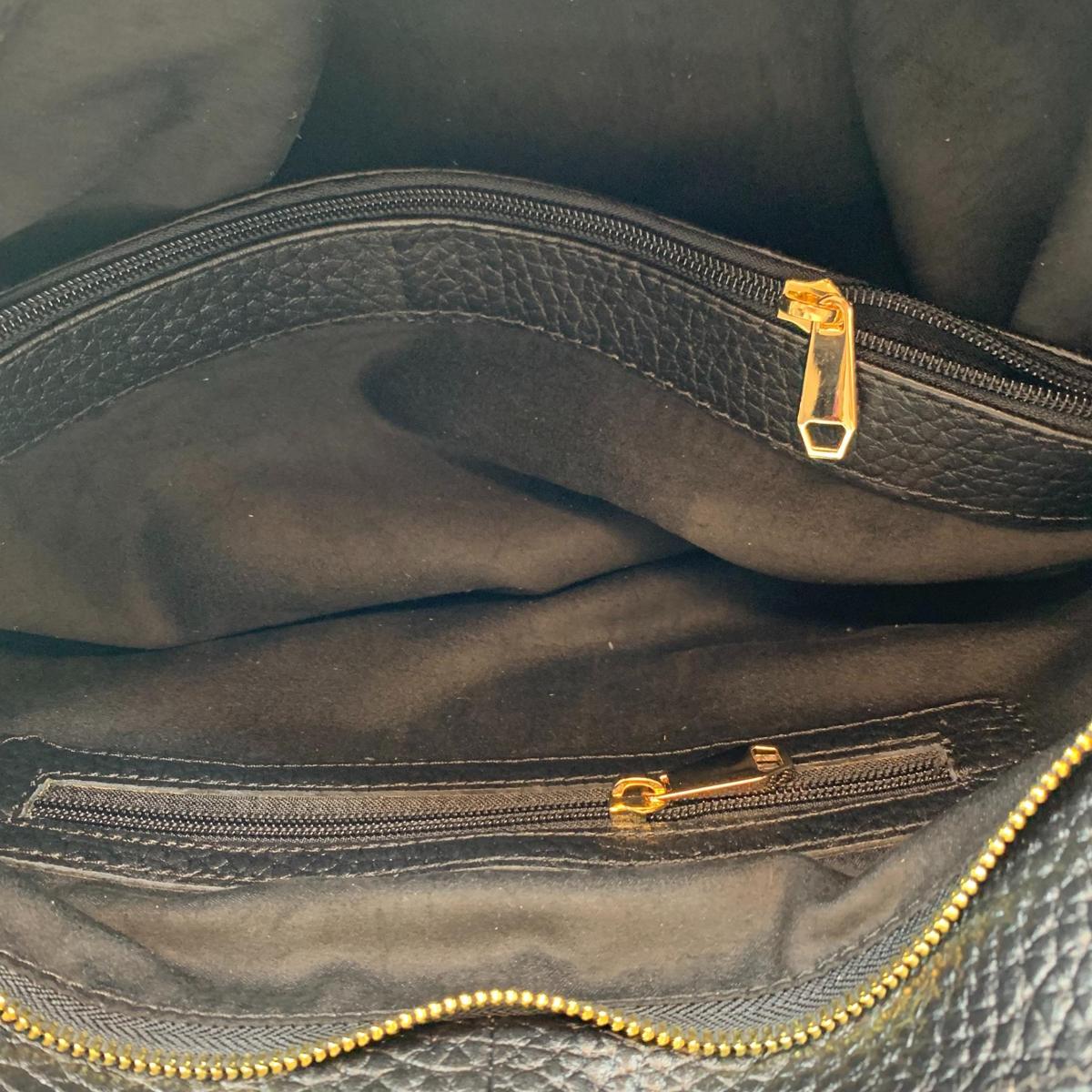 Interior layout with compartments and zip pocket, black leather tote