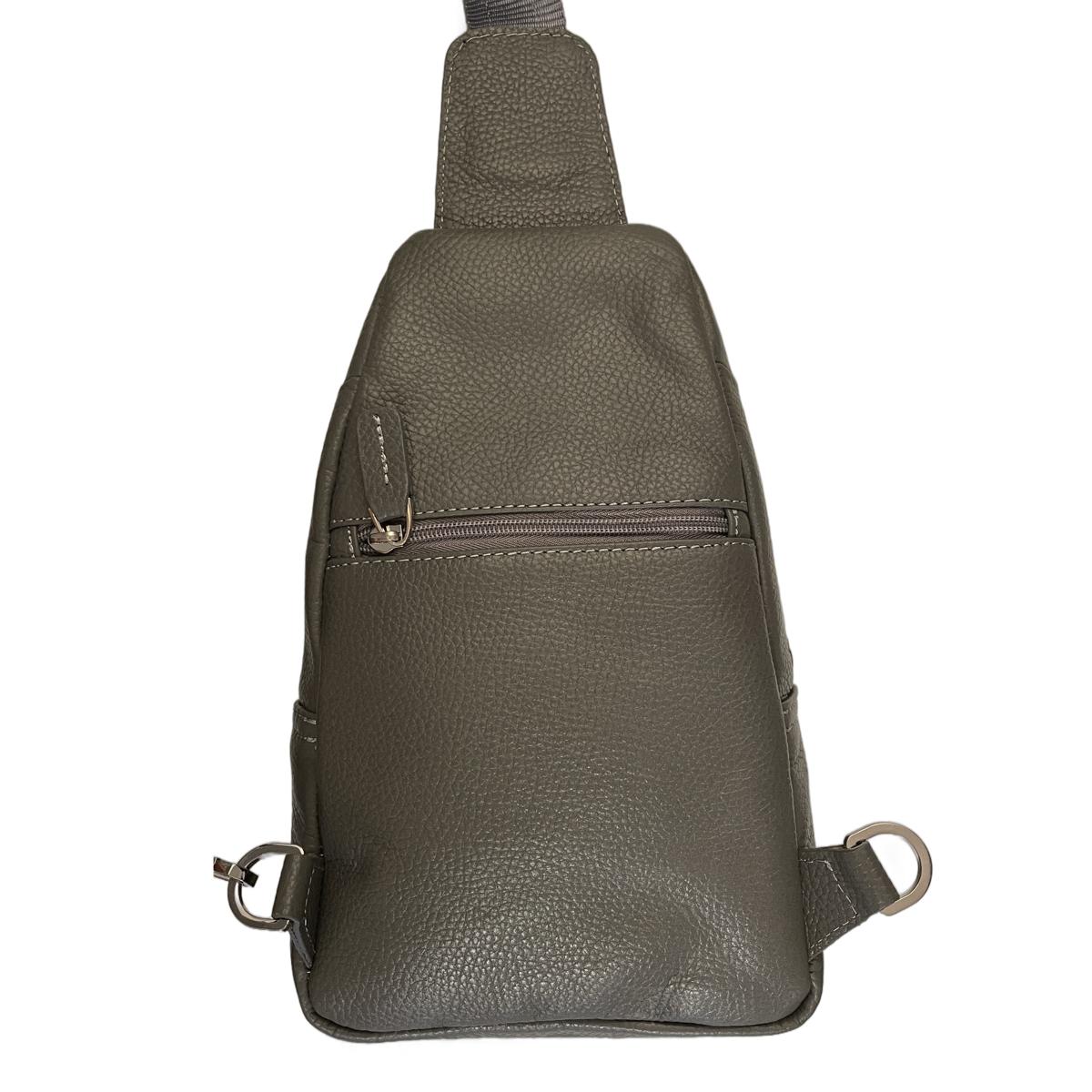 Side profile view of grey leather crossbody sling bag showing compact dimensions and sleek design