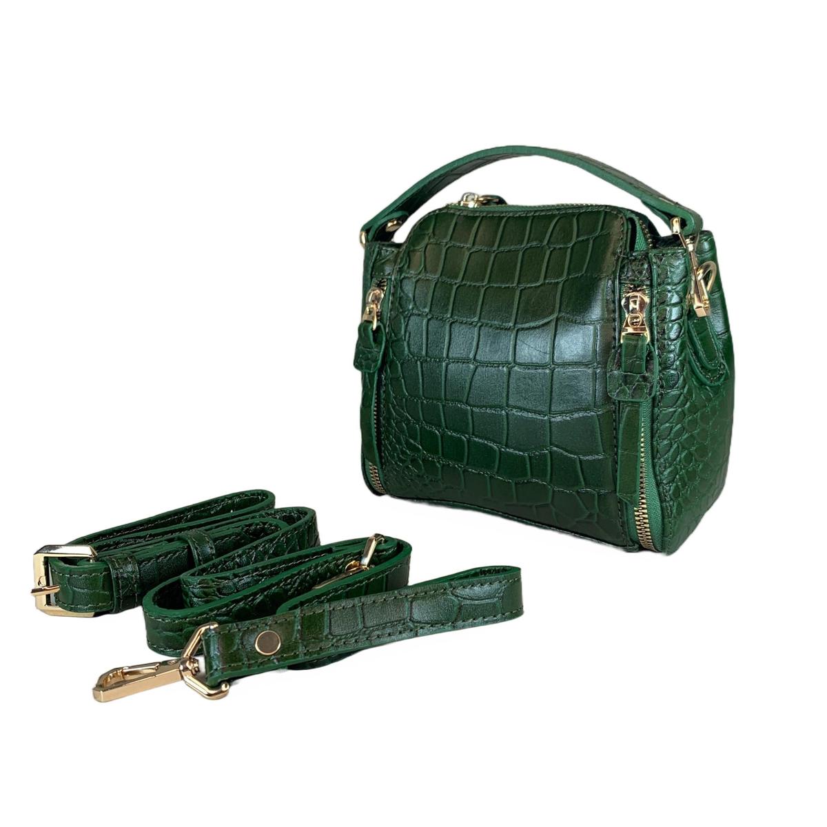 Emerald-green crocodile-embossed top-grain leather mini handbag with gold hardware, detachable crossbody strap and wristlet — LeatherLuxe