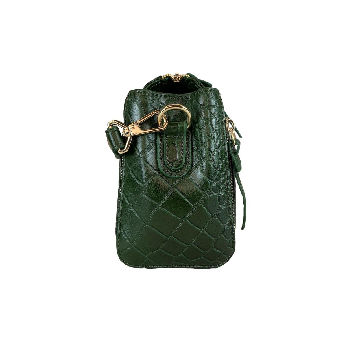 Side view of emerald crocodile-embossed leather mini handbag highlighting D-ring and swivel clasp hardware