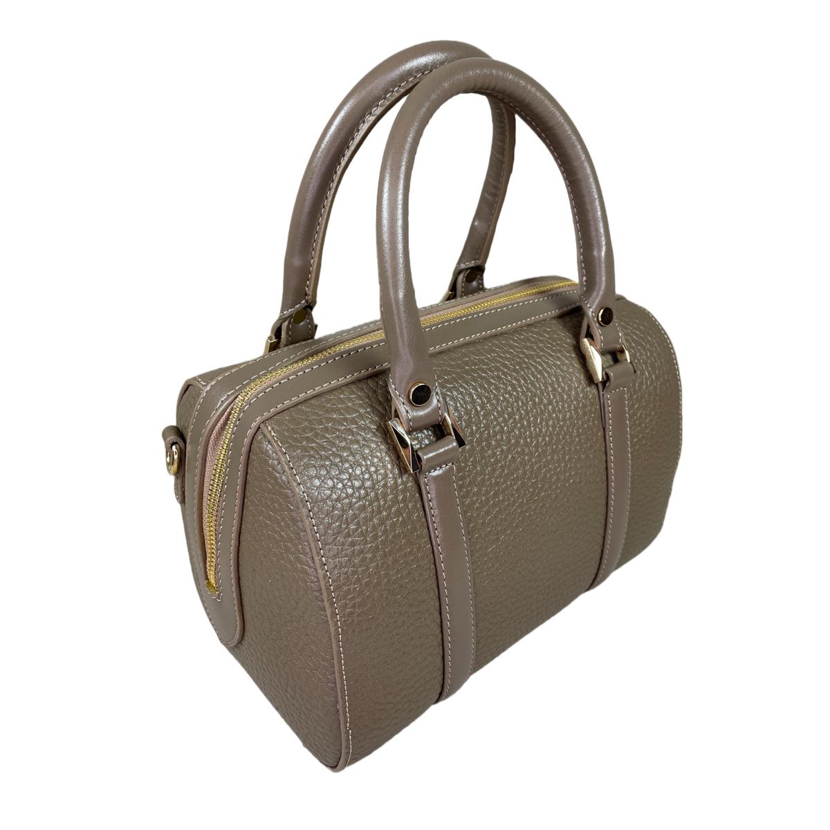 Back and angled view showing proportion and stitching, beige barrel bag