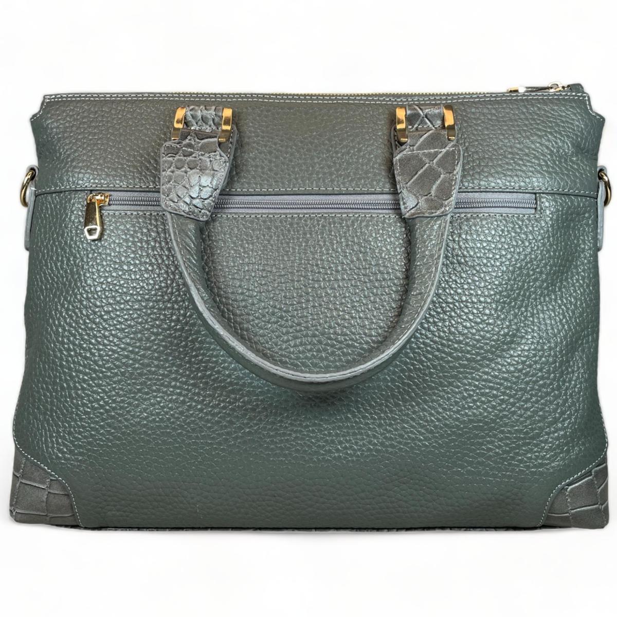 LeatherLuxe gray bag back view with zip pocket and leather texture
