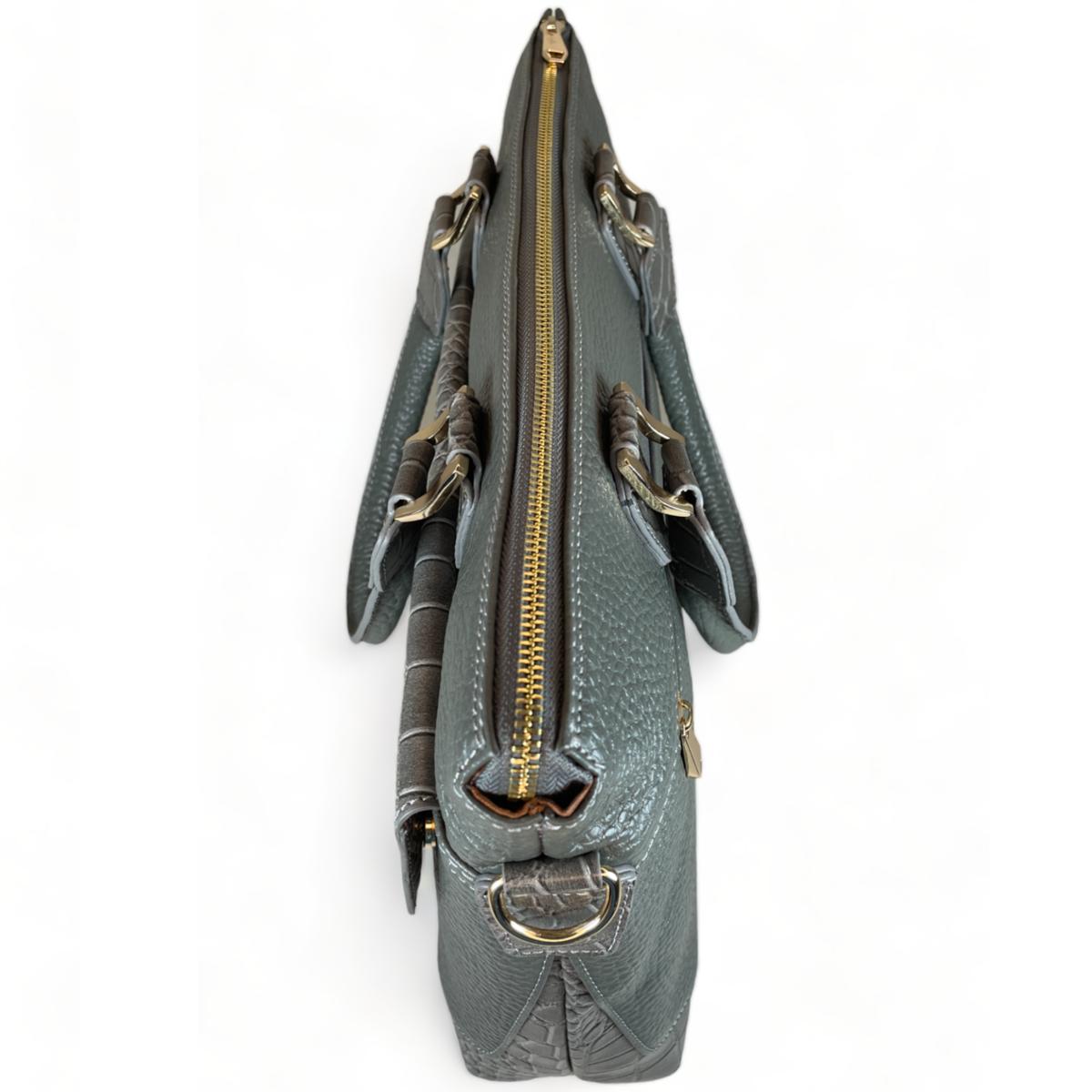 LeatherLuxe gray bag back view with zip pocket and leather texture