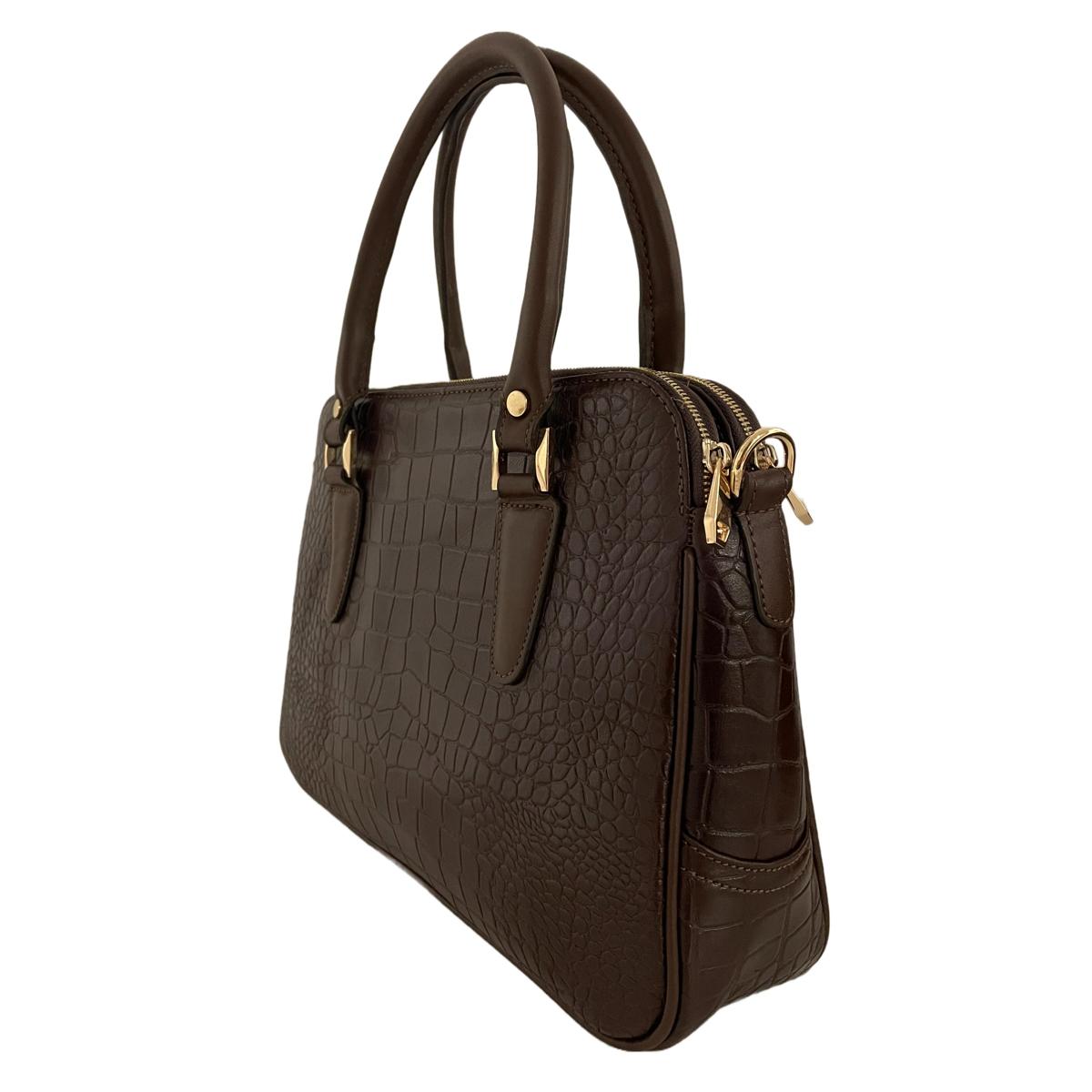 Back view of dark brown croc-embossed leather office bag with detachable shoulder strap laid flat; gold clips.