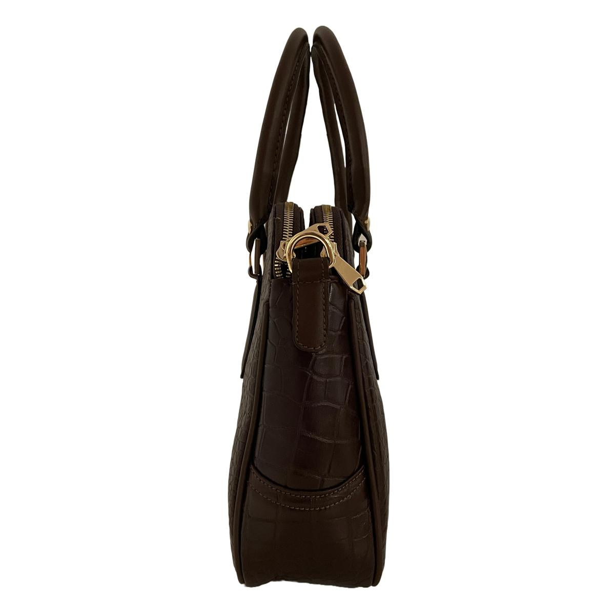 Slim side profile of dark brown croc-embossed leather office bag showing double zips, D-ring and stitching.