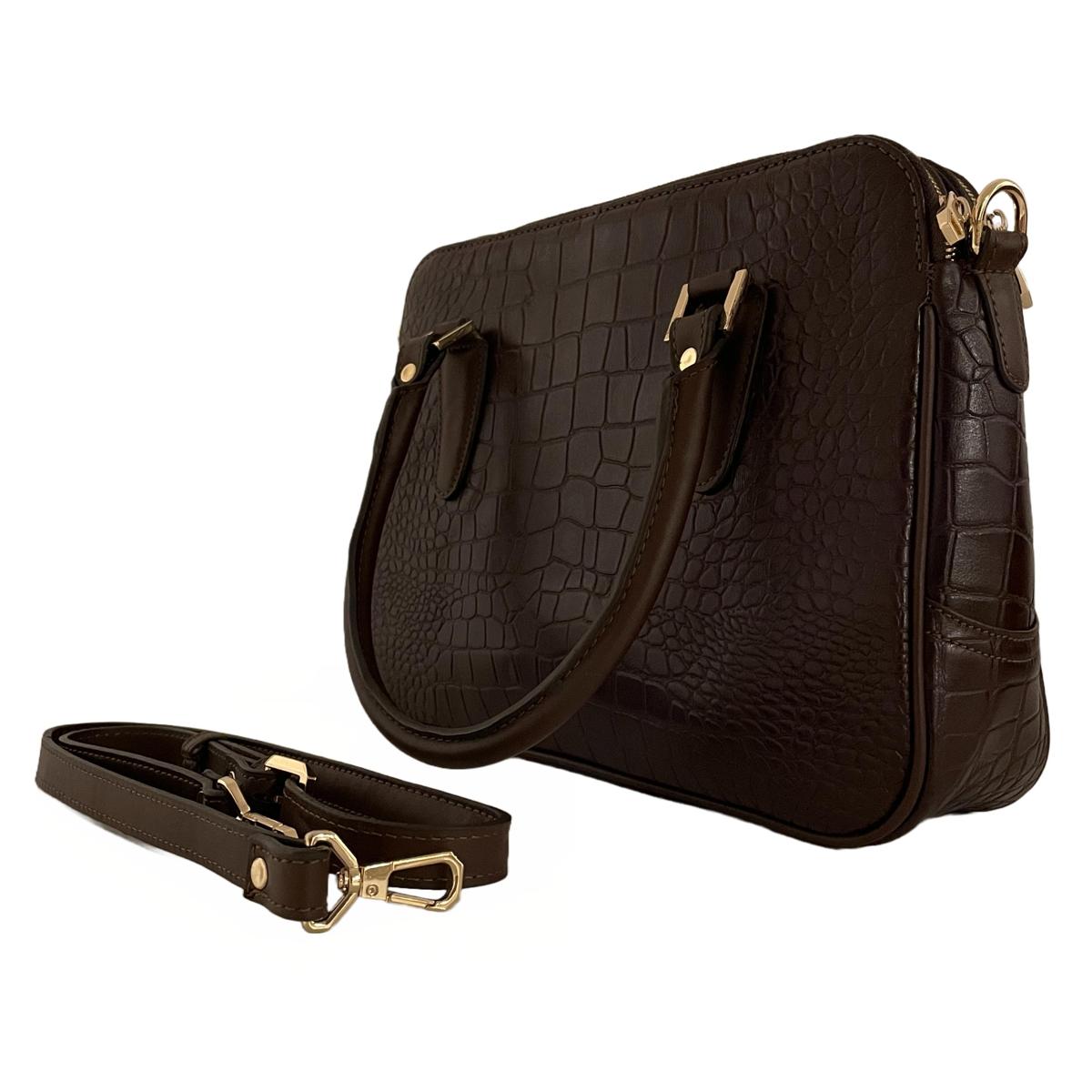 Dark brown croc-embossed top-grain leather office bag, three-quarter side view with gold-tone hardware and twin handles.
