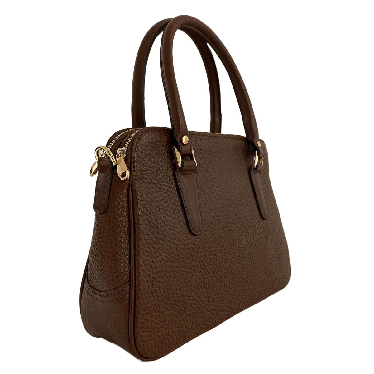 Brown leather office bag back view showing adjustable shoulder strap attachment