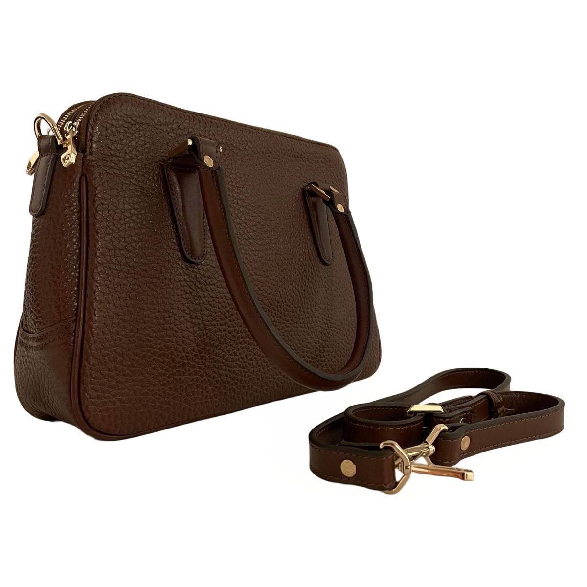 Brown leather office bag front view showing three compartments and zippered closures