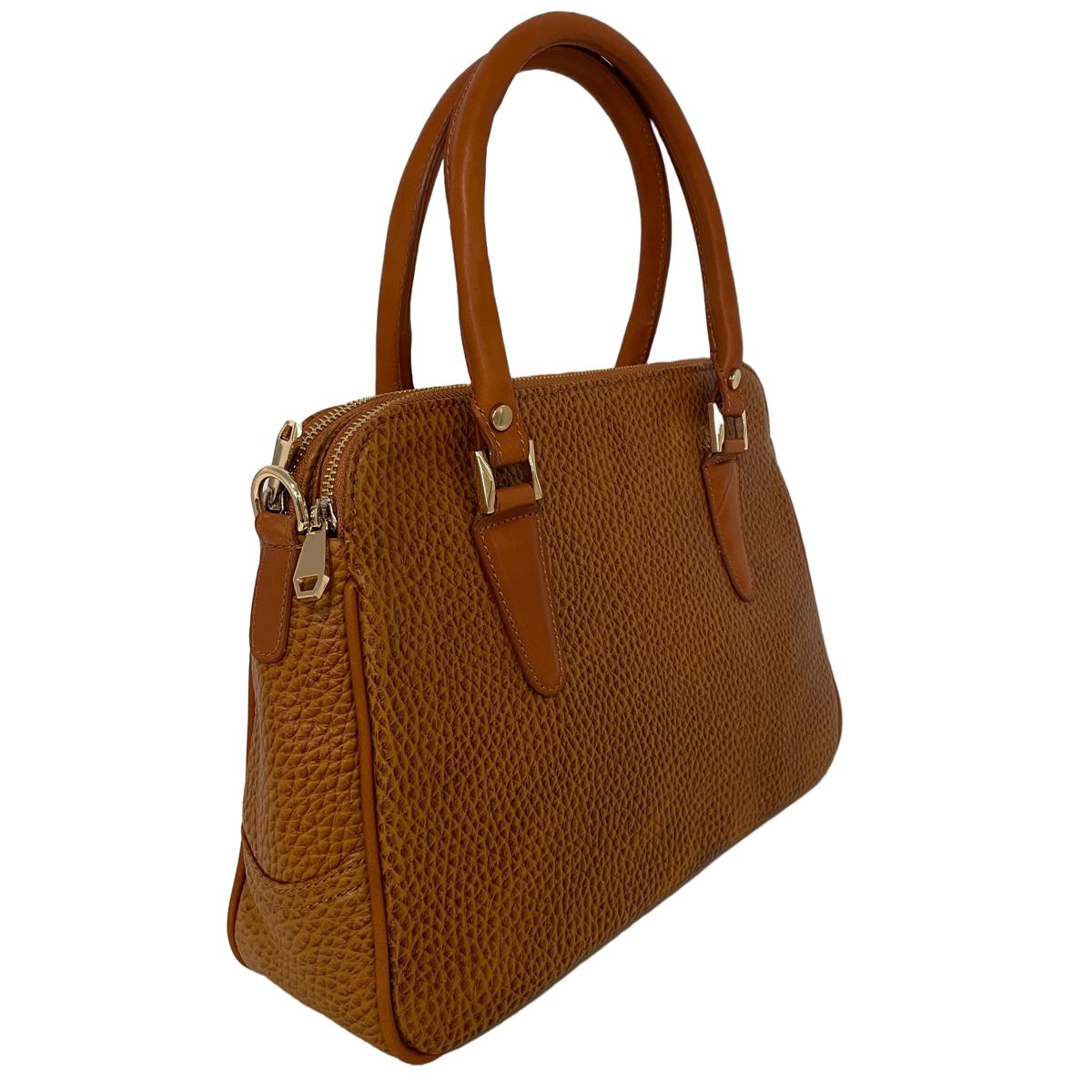 Light brown leather office bag front view displaying compartments and design