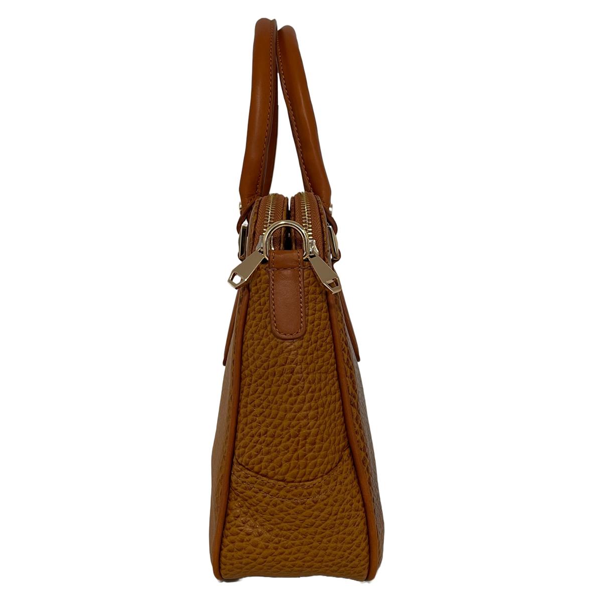 Side angle of light brown leather office bag showing depth and structure