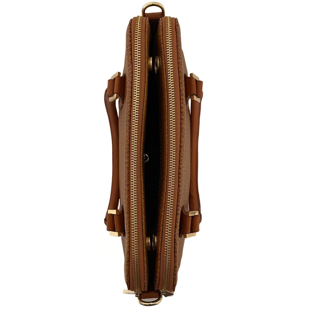 Light brown leather office bag detail shot highlighting premium leather quality