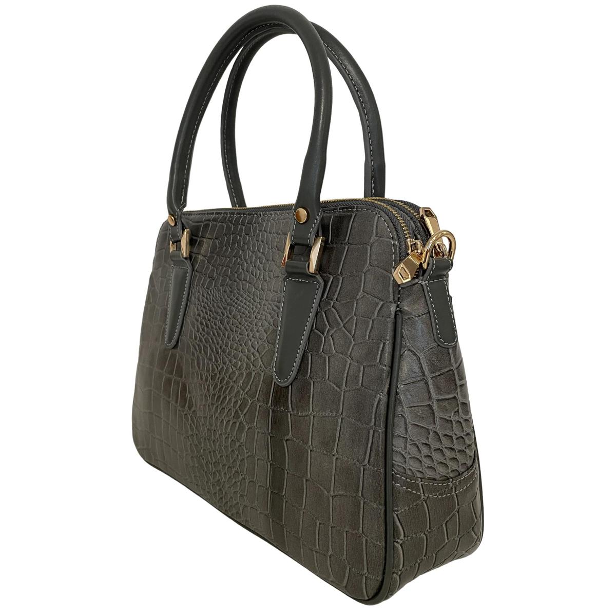 Front view of silver leather office bag showing zip closures and professional styling