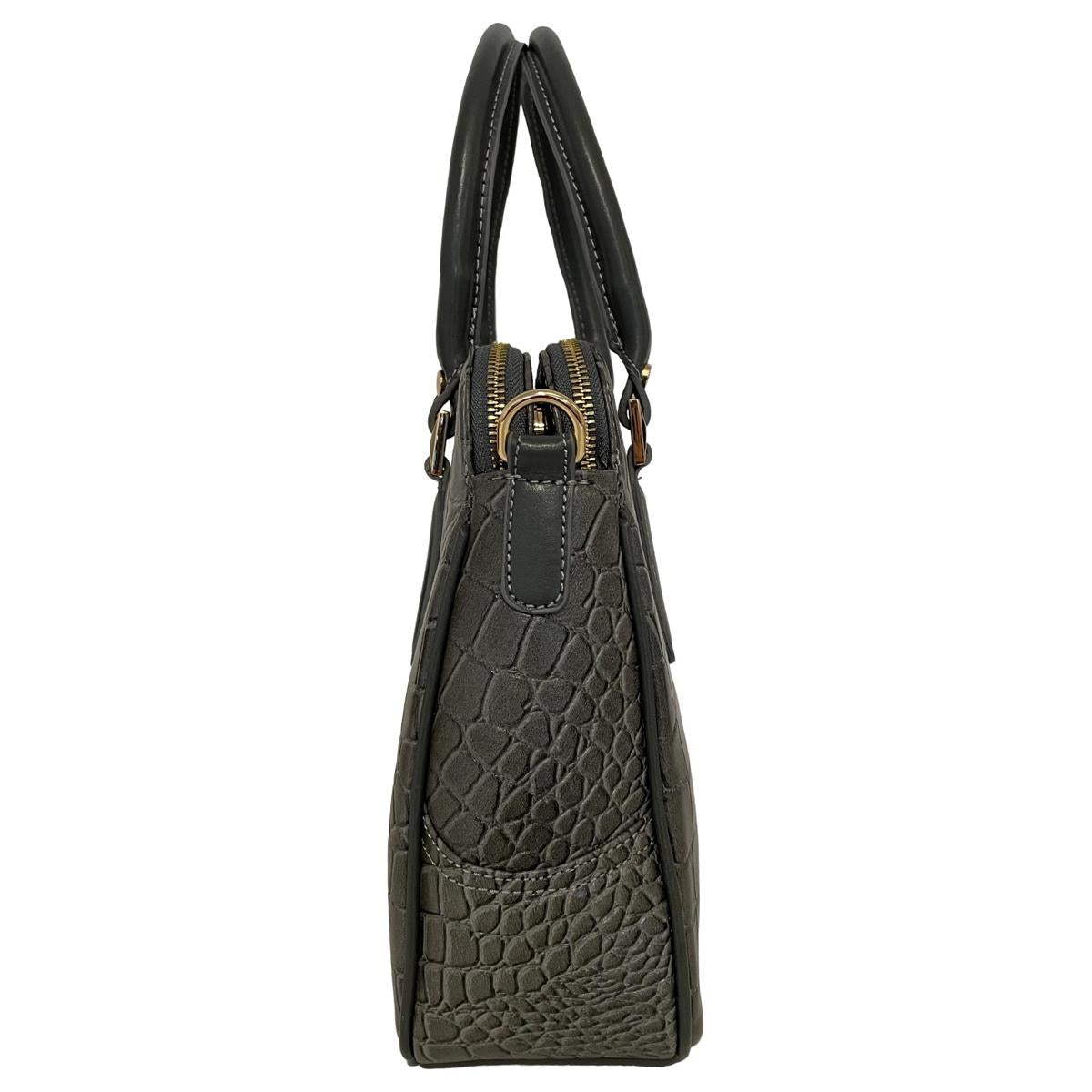 Side profile of silver crocodile-style leather office bag highlighting structured design