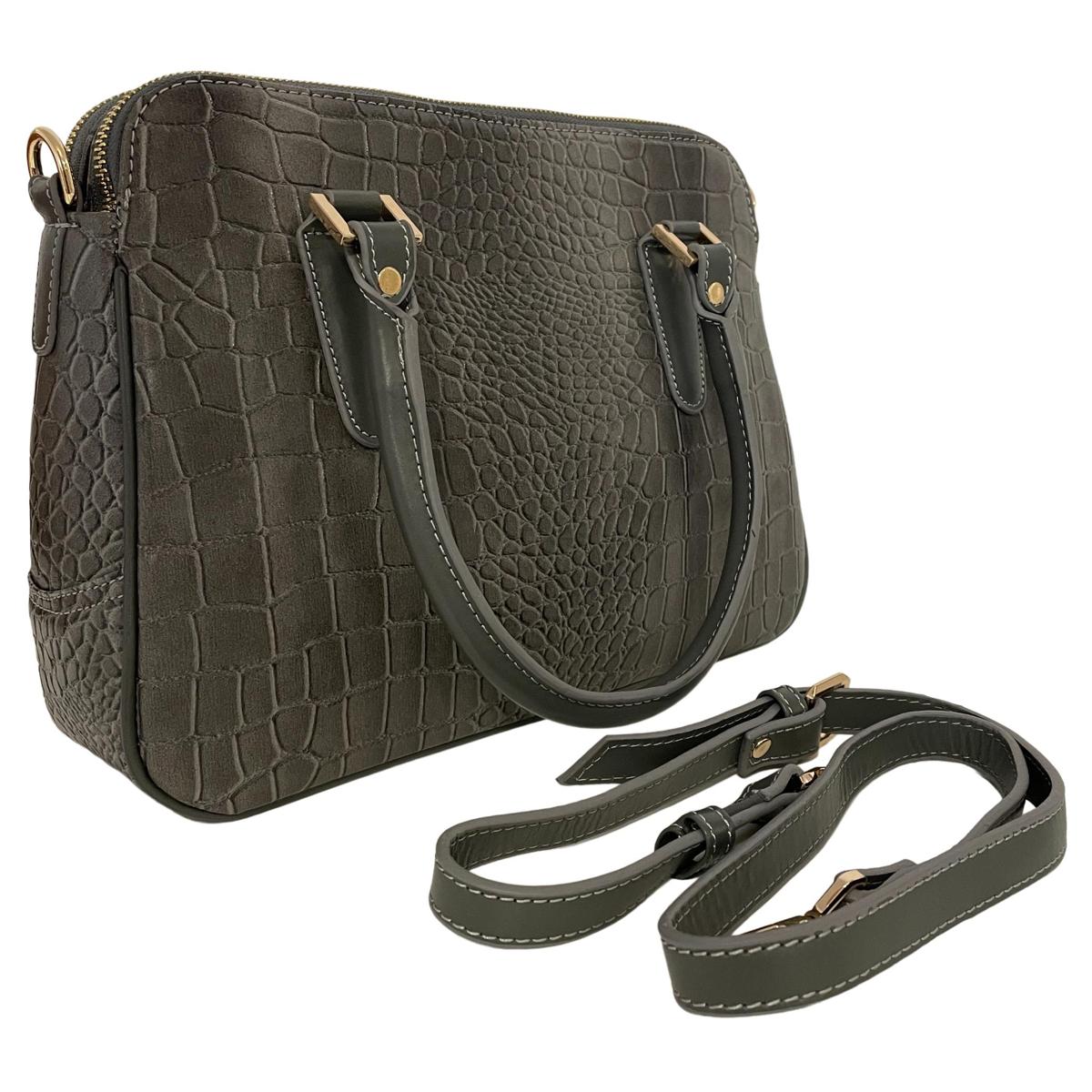 Silver leather office bag displayed at angle showing compartments and adjustable strap
