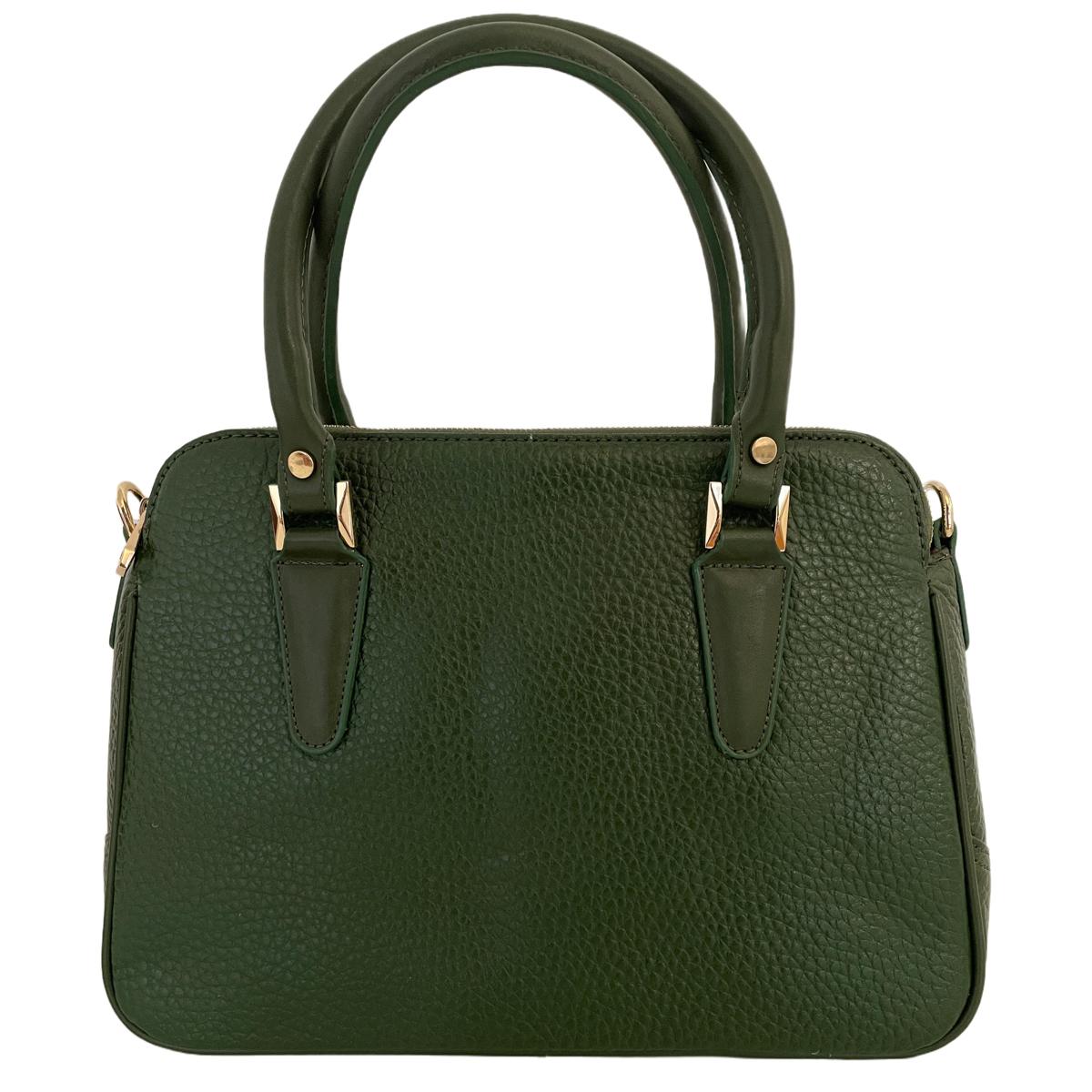 Green top-grain leather office bag, front view—structured silhouette, gold hardware, detachable strap