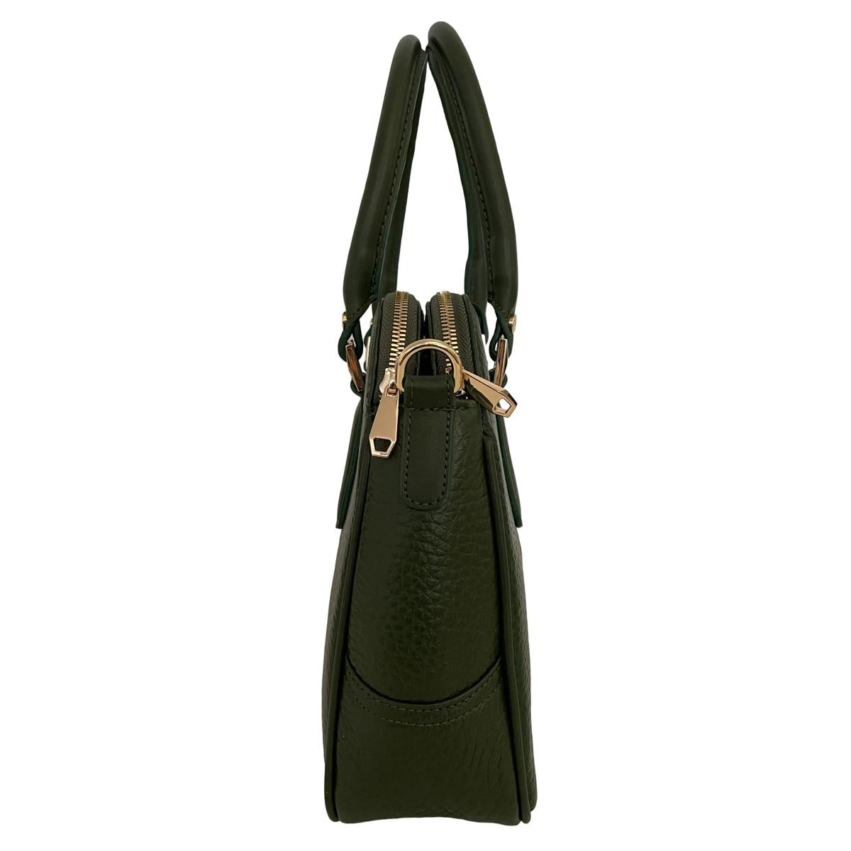 Green leather office bag, side profile showing 10 cm depth and neat stitching
