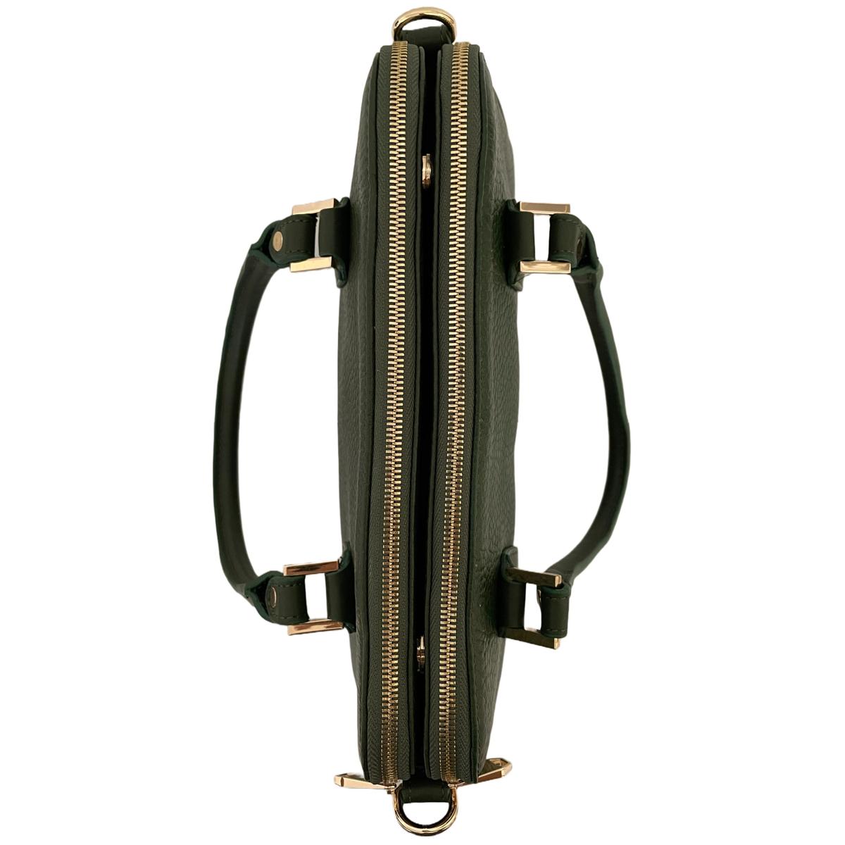 Green leather office bag, back view with reinforced handles