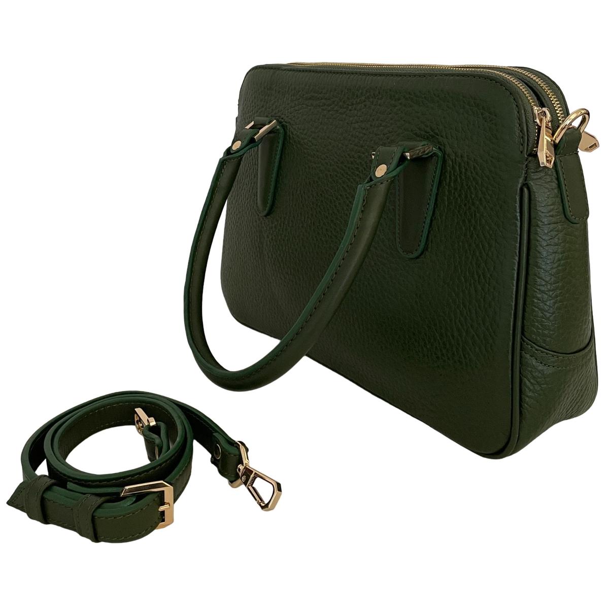 Green leather office bag, angled view highlighting structured shape and strap anchors