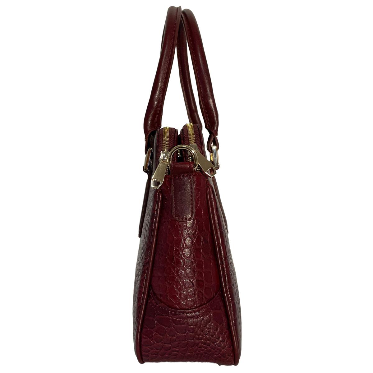 Red leather office bag side view displaying compartments and dimensions