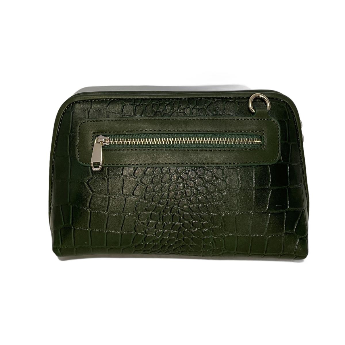 Green leather clutch bag showing compact 27cm width dimensions