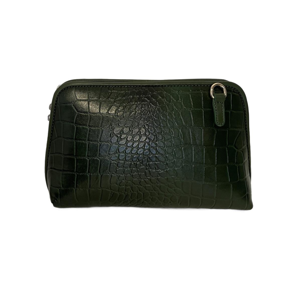 Green leather clutch bag showing compact 27cm width dimensions