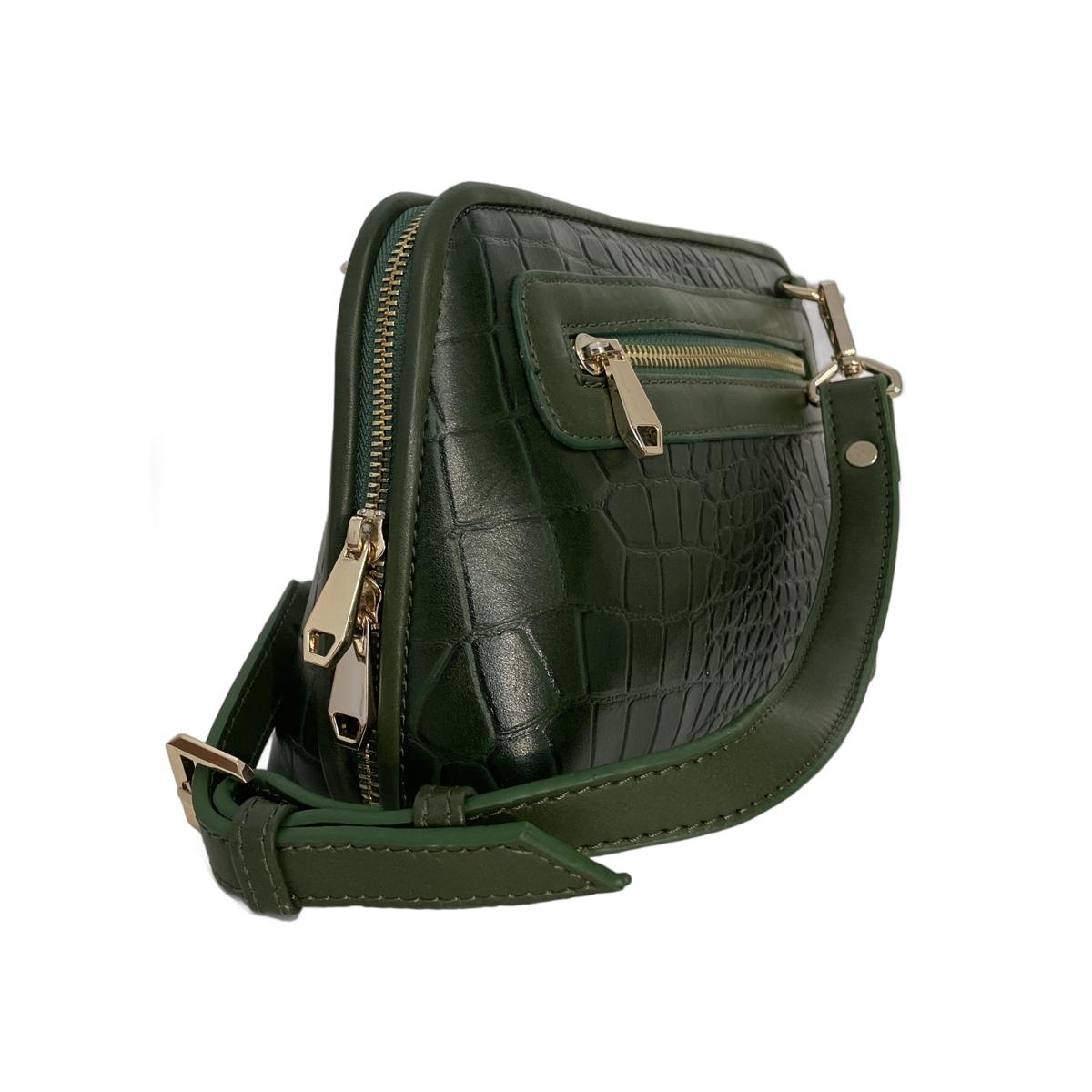 Adjustable shoulder strap attachment on green crocodile leather handbag