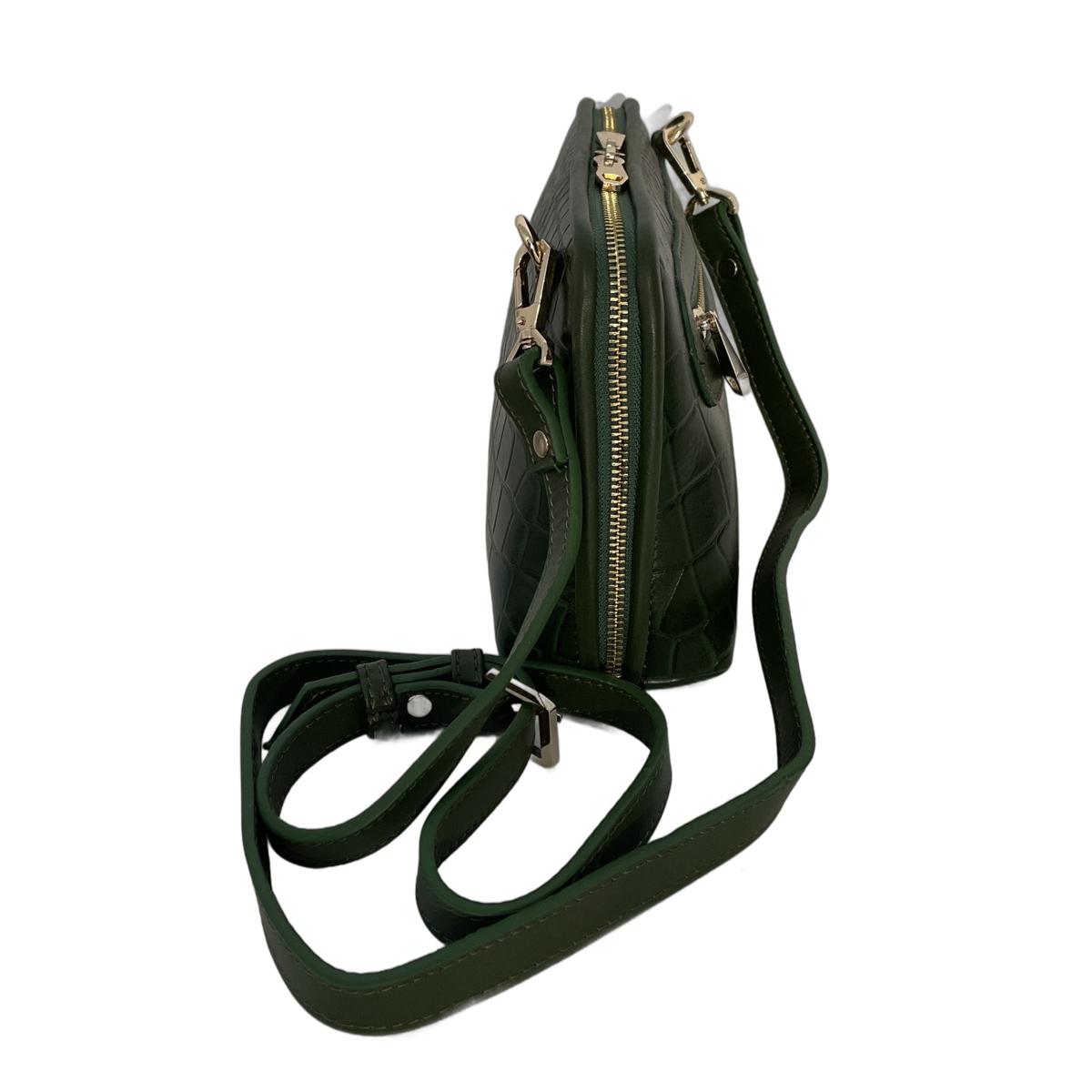 Adjustable shoulder strap attachment on green crocodile leather handbag