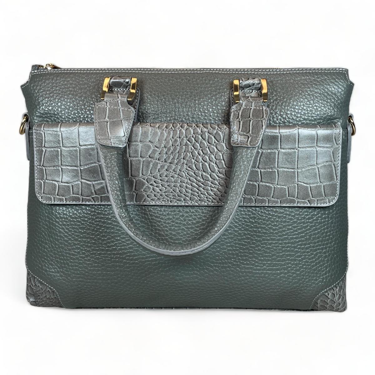 Gray leather laptop bag with crocodile texture - front view showing compartments