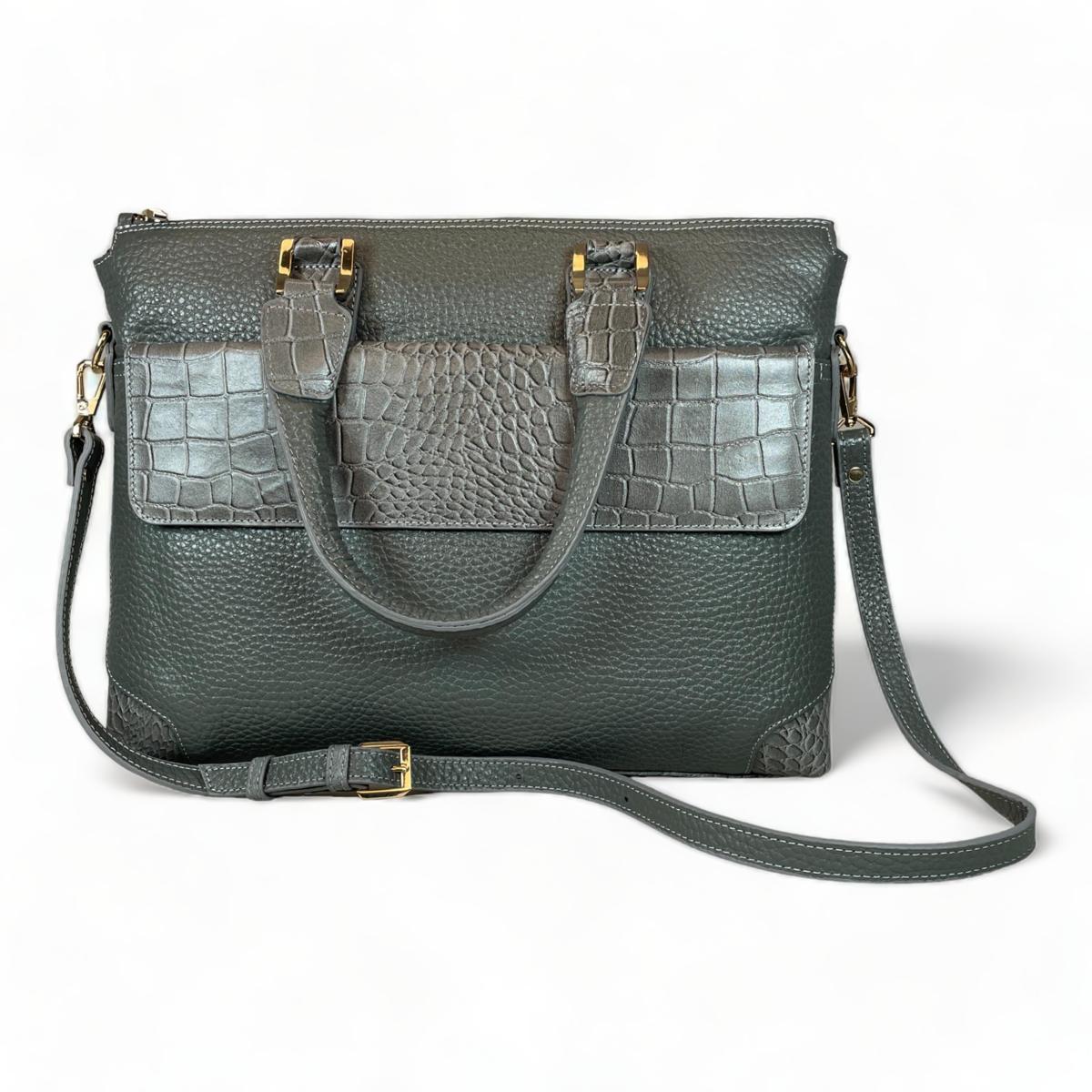 Close-up of gray leather bag hardware and zipper details