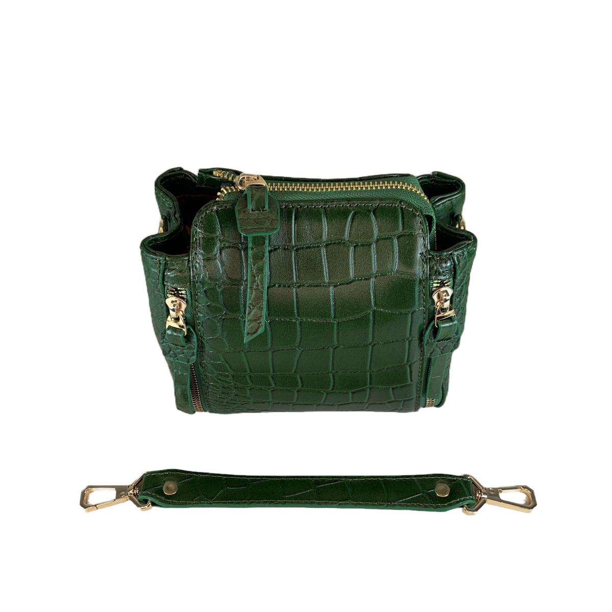 Top view of emerald crocodile-embossed leather mini handbag with zipper closure and detachable short handle strap