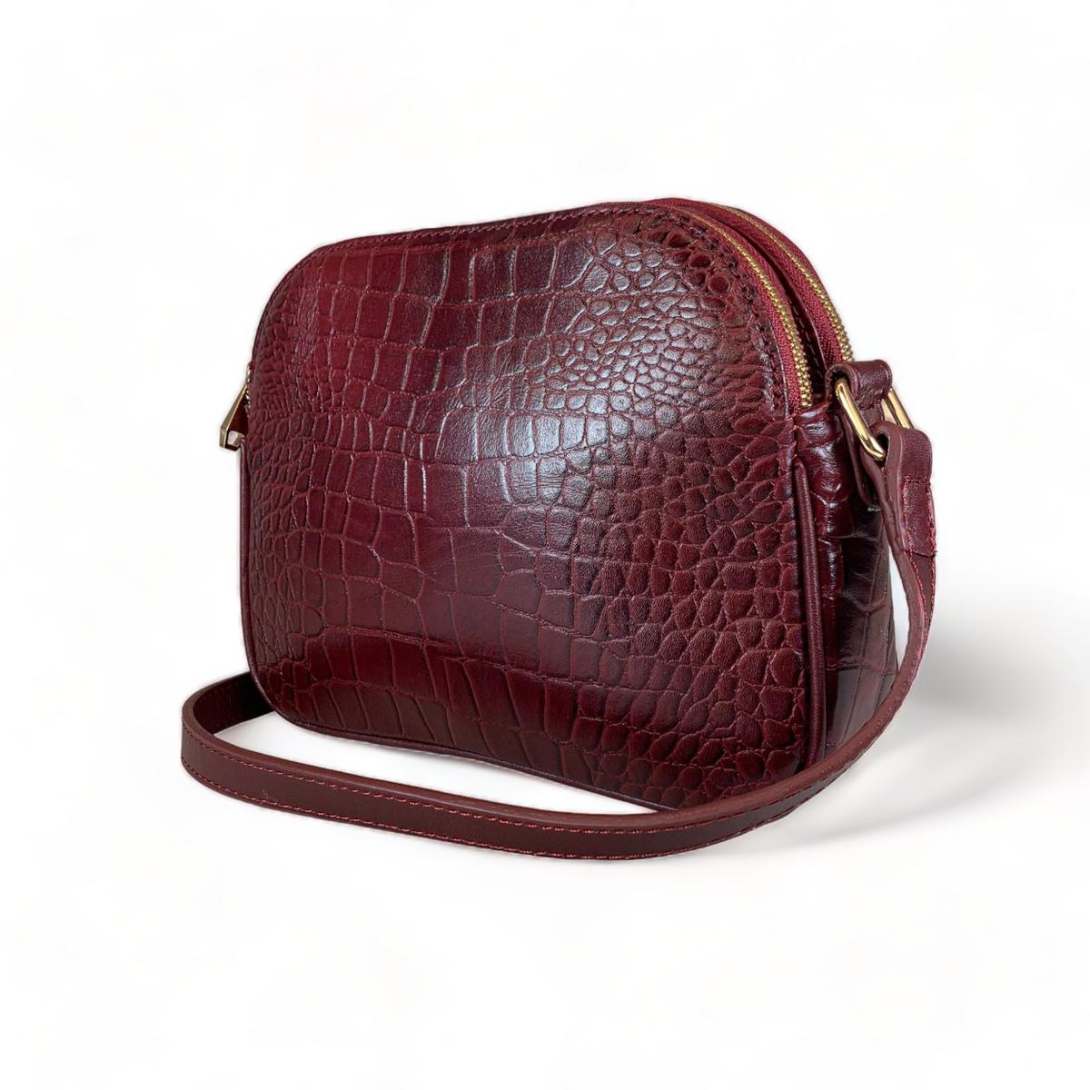 Dark red crocodile-style top-grain leather shoulder bag, front angle