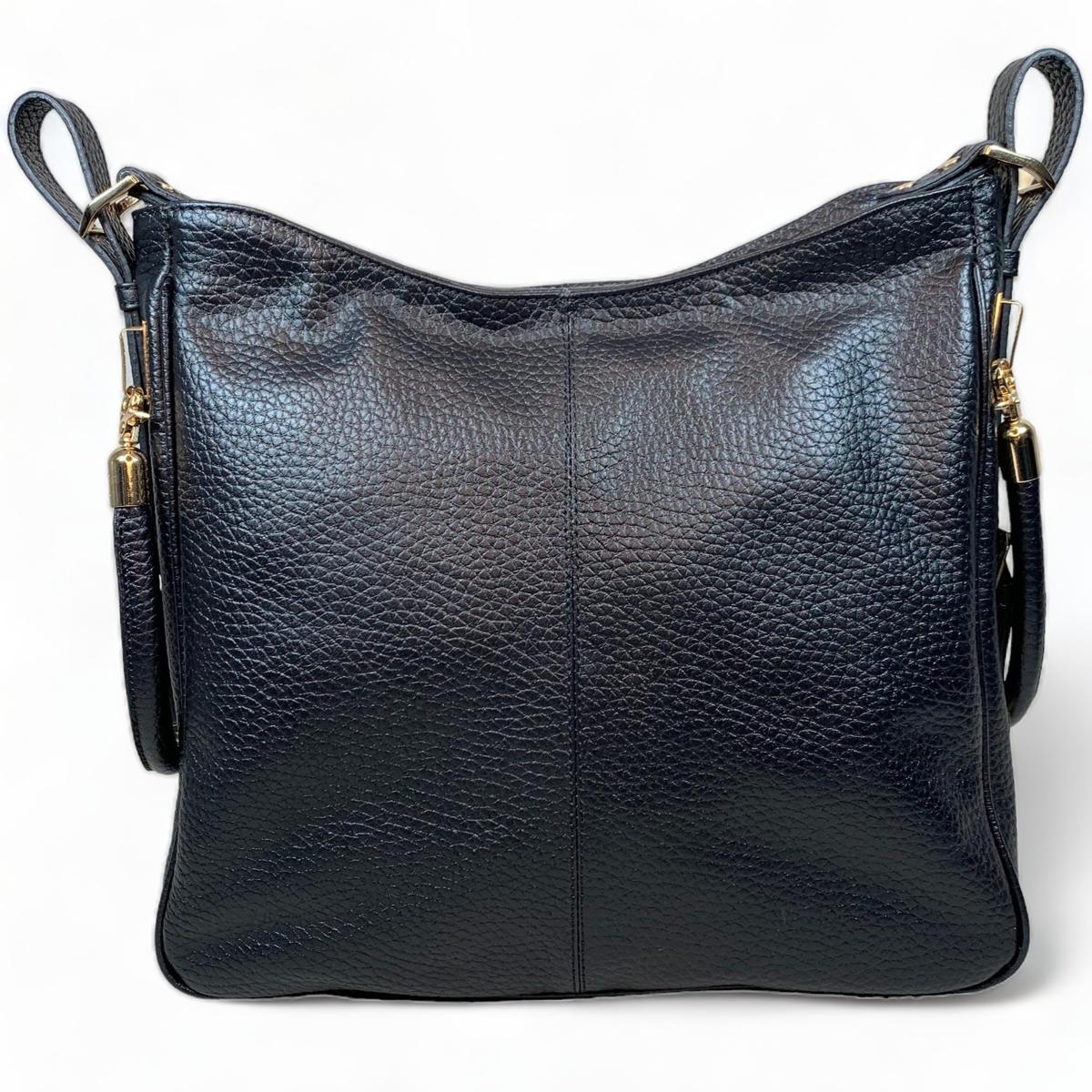 Back view of black leather tote with clean seams and stitching