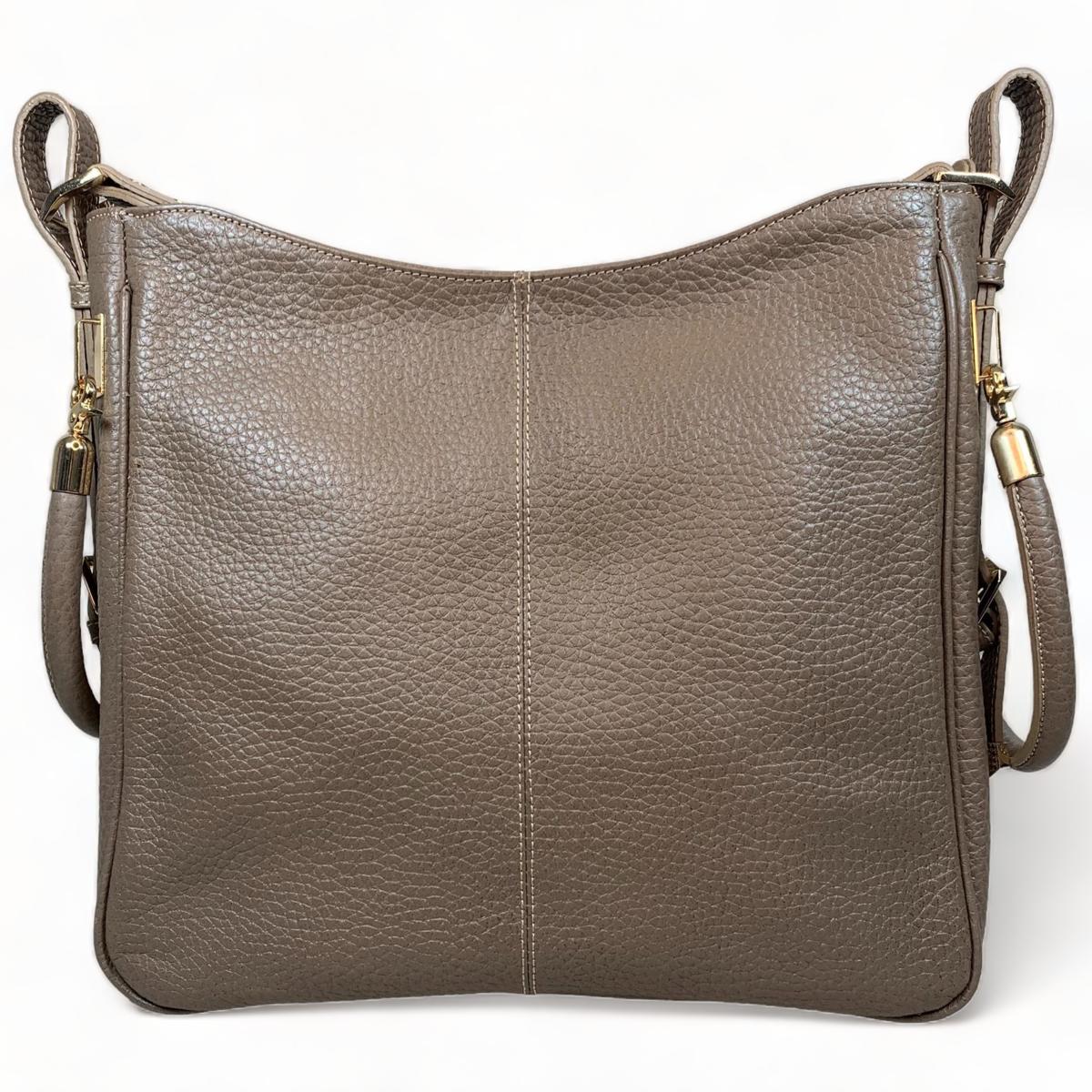 Khaki leather tote bag product shot - front view showing spacious design and premium leather finish
