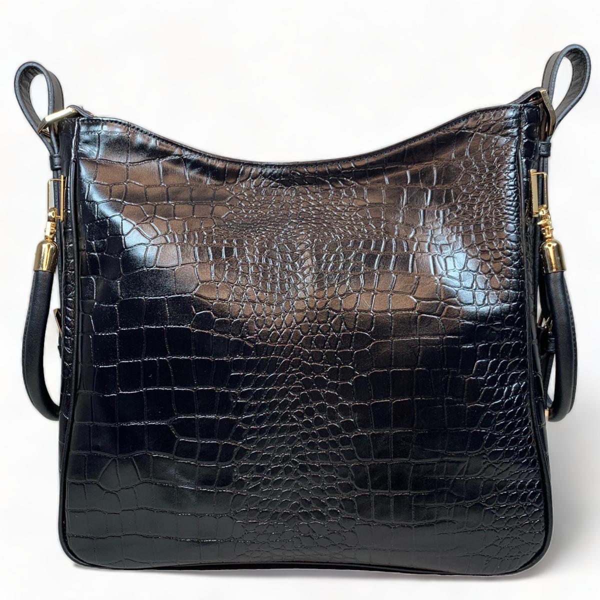 Close-up of crocodile texture and structured silhouette, black tote