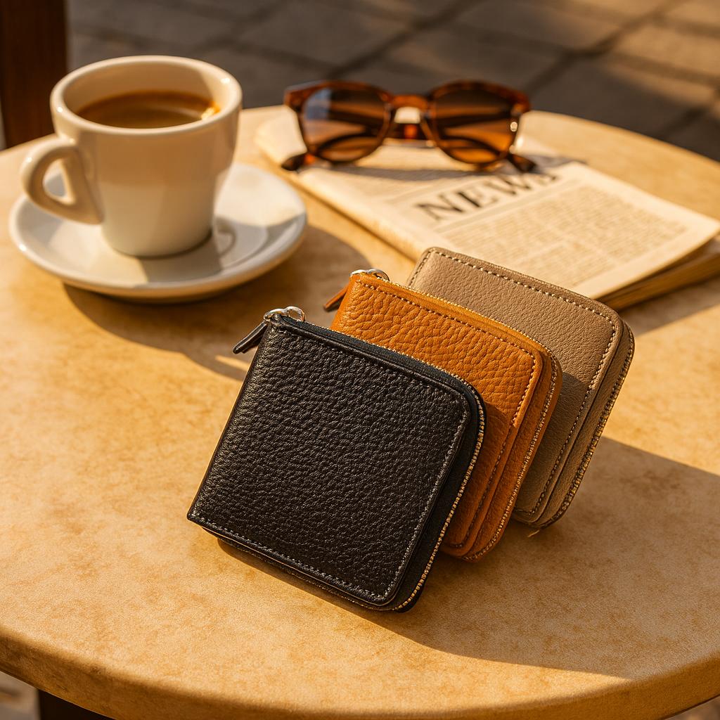Three leather wallets in black, brown, and beige on a wooden table with a cup of coffee and sunglasses.