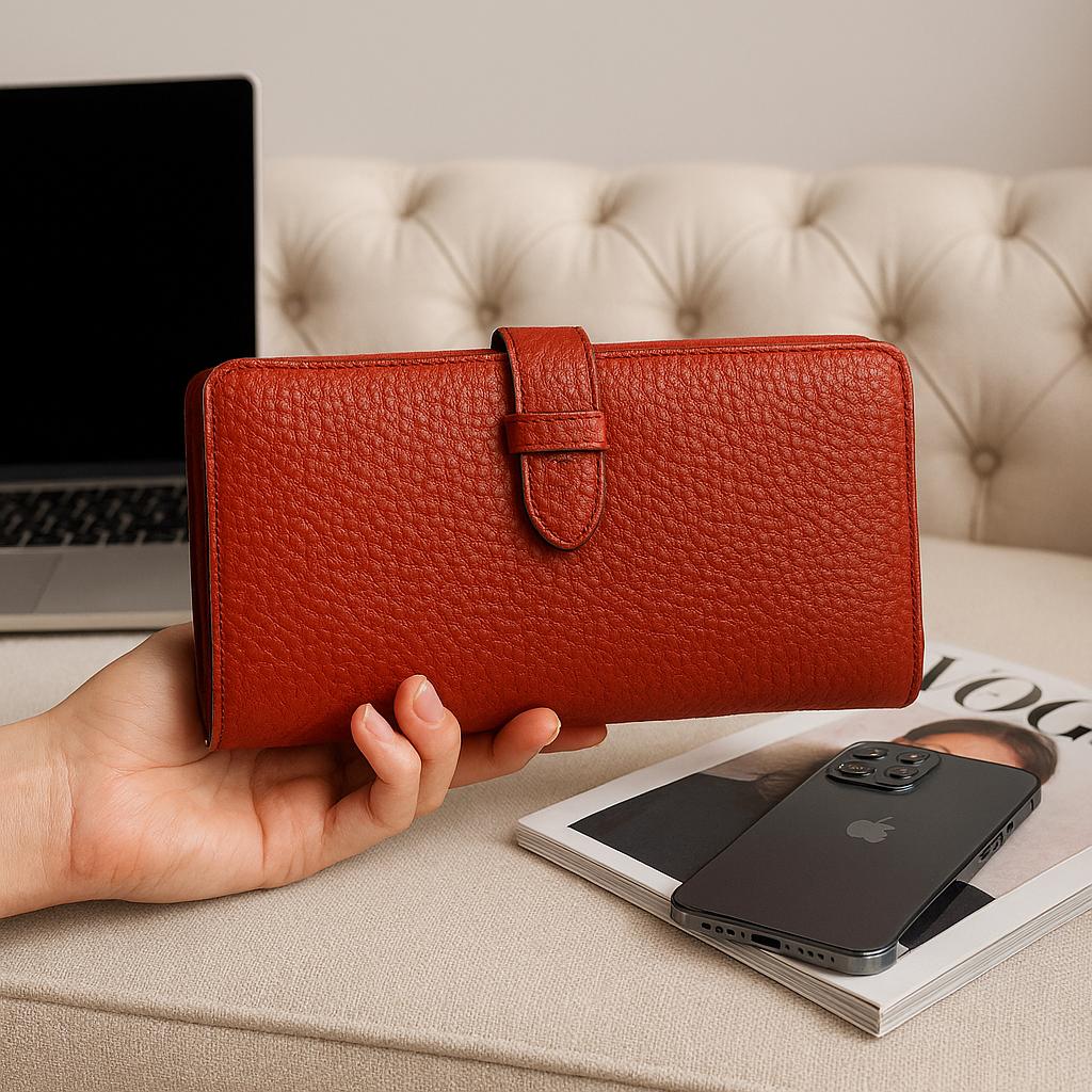 Red wallet held by a hand with a laptop and magazine in the background