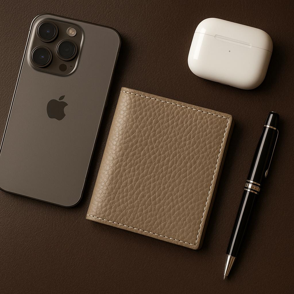 Smartphone, white wireless earbuds case, brown leather wallet, and black pen on a dark surface