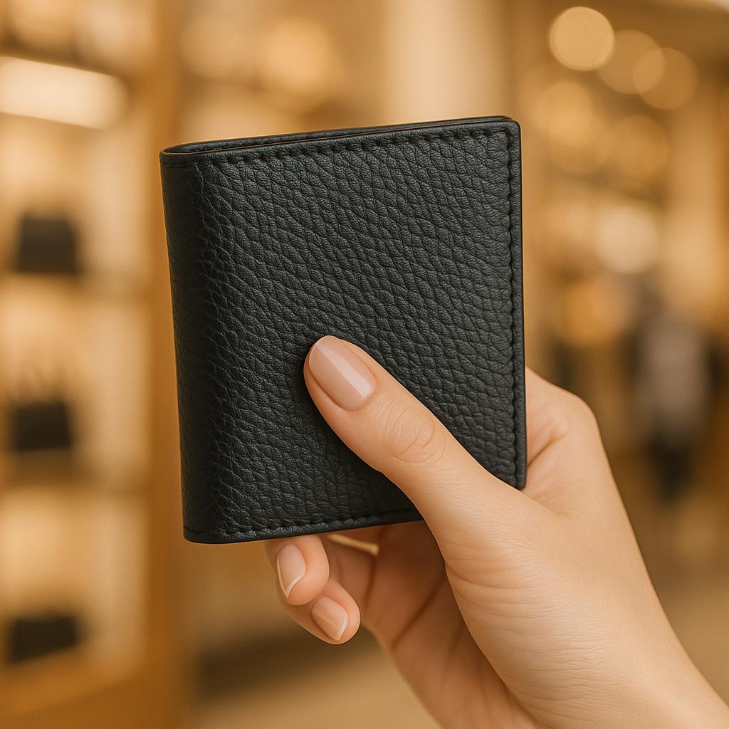 Hand holding a black leather wallet against a blurred indoor background