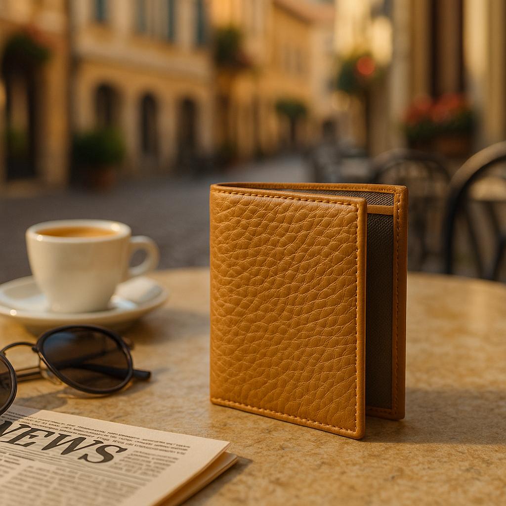 Brown leather wallet on a table with a newspaper, sunglasses, and a coffee cup in an outdoor setting.