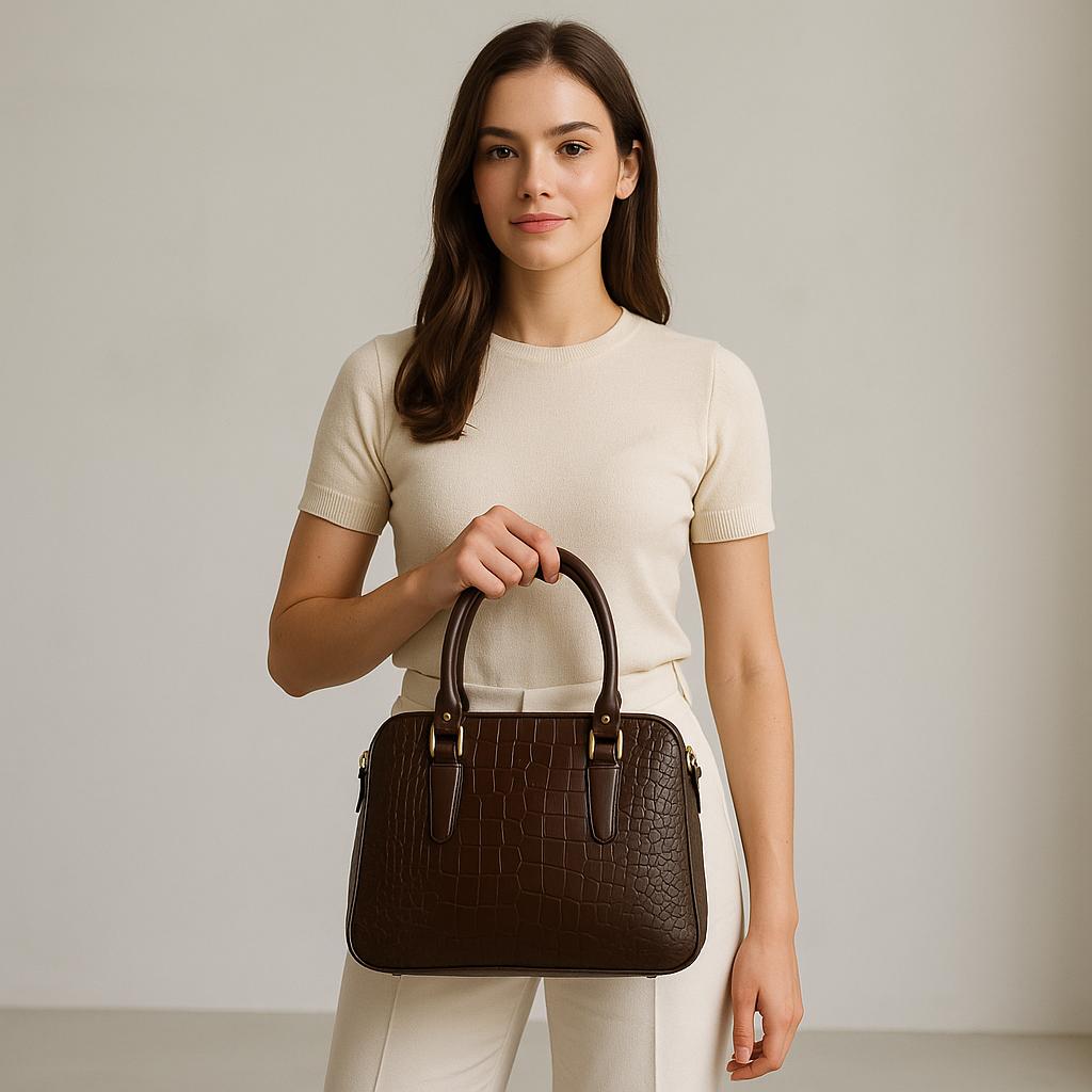 Model holding dark brown croc-embossed leather office bag by top handles against studio background.