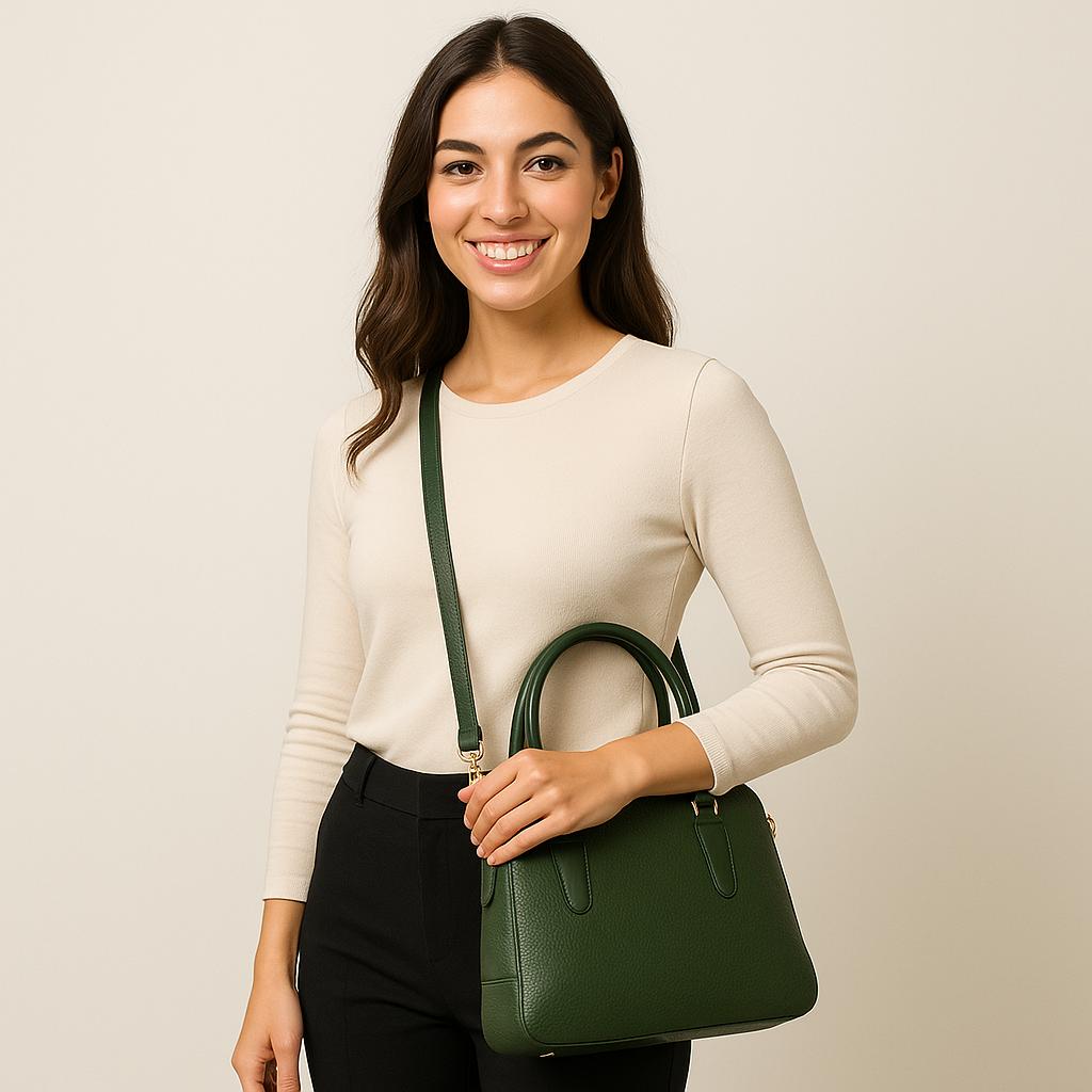 Model with a green top-grain leather office bag against a plain backdrop, detachable shoulder strap