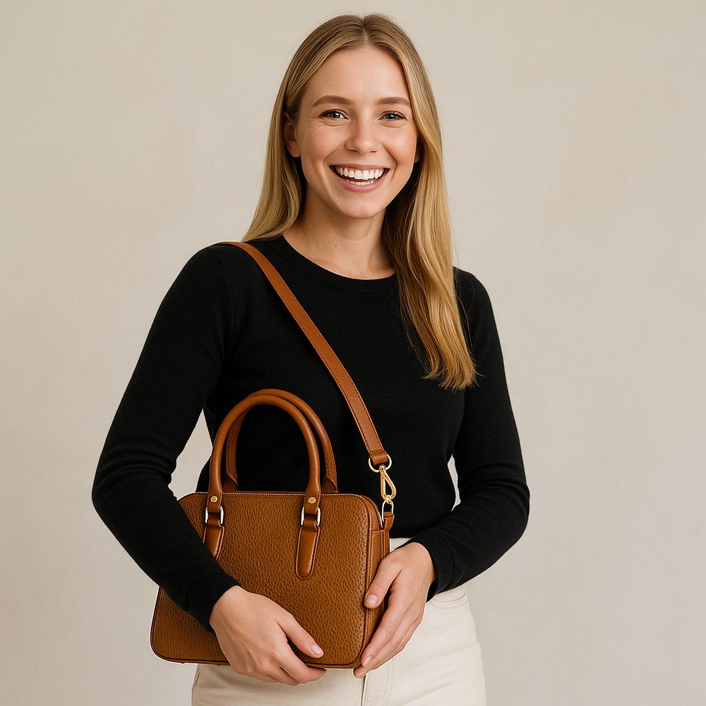 Professional woman carrying light brown leather office bag with shoulder strap